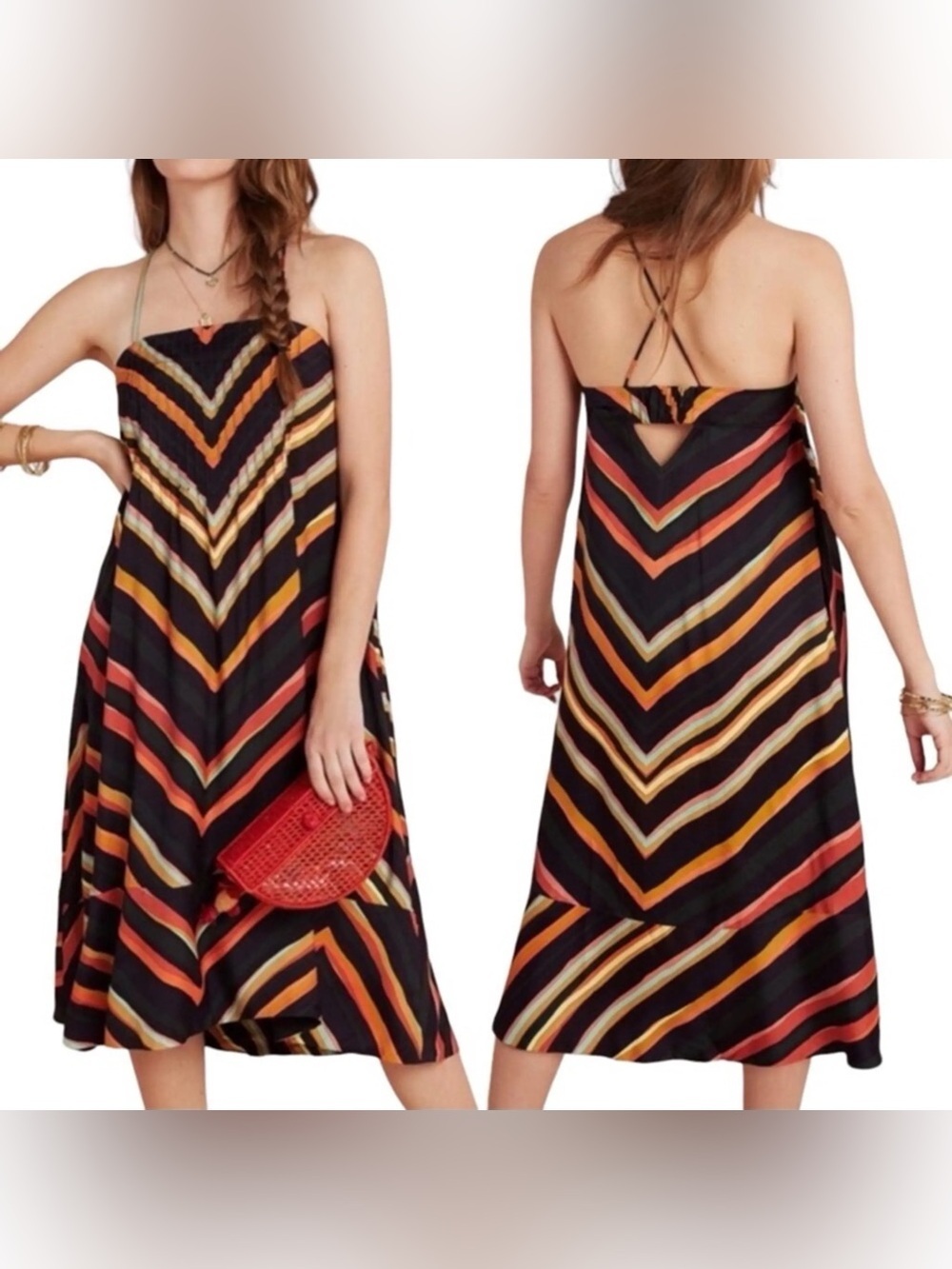 Anthropologie Runi Chevron Stripe Crisscross Back Midi Dress LP Petite Large